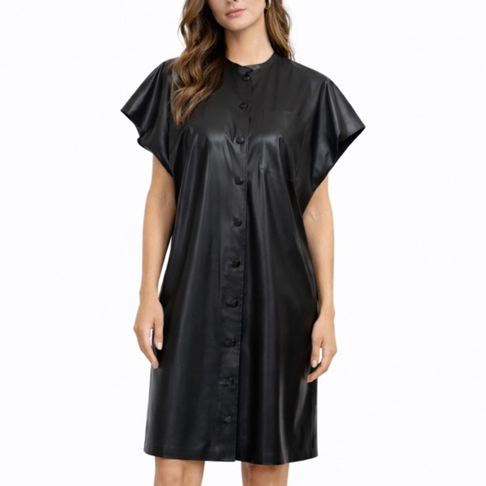 Theory Paper Faux Leather Shift Dress Black Button Front Knee Length Size P‎